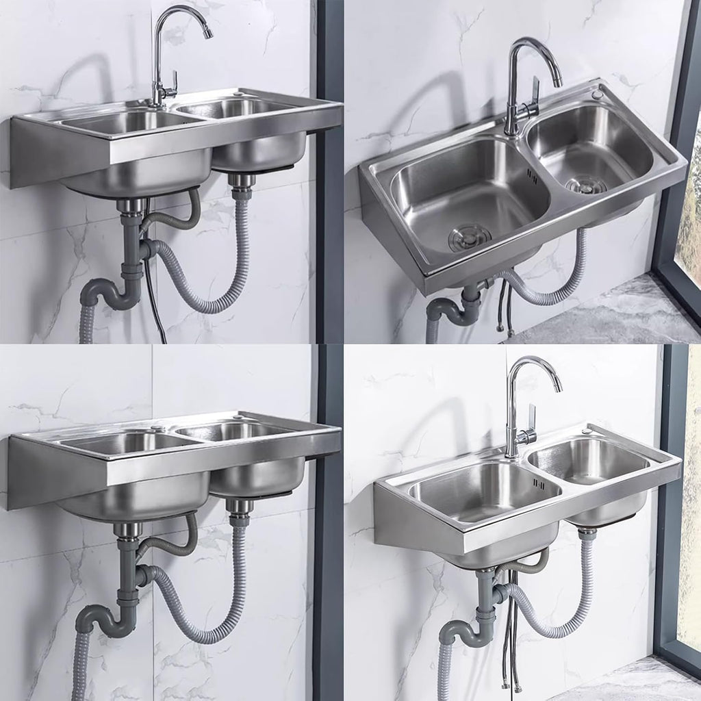 Double Bowl Kitchen Sink, Stainless Steel Hand Sink, Wall-Mounted Commercial Sink, Household Hand Wash Basin, with Faucet Hole Drainage Basket (Color : Silver, Size : A(75x40x6cm)) (Silver A(75x4