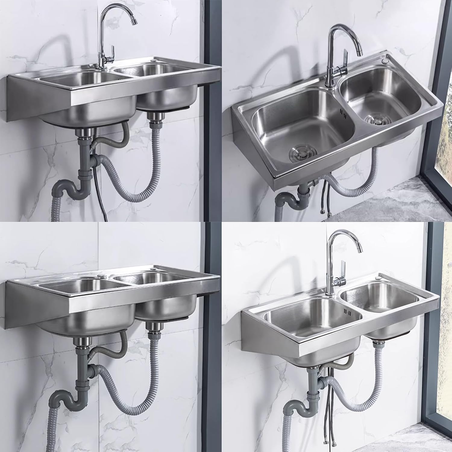 Double Bowl Kitchen Sink, Stainless Steel Hand Sink, Wall-Mounted Commercial Sink, Household Hand Wash Basin, with Faucet Hole Drainage Basket (Color : Silver, Size : A(75x40x6cm)) (Silver A(75x4