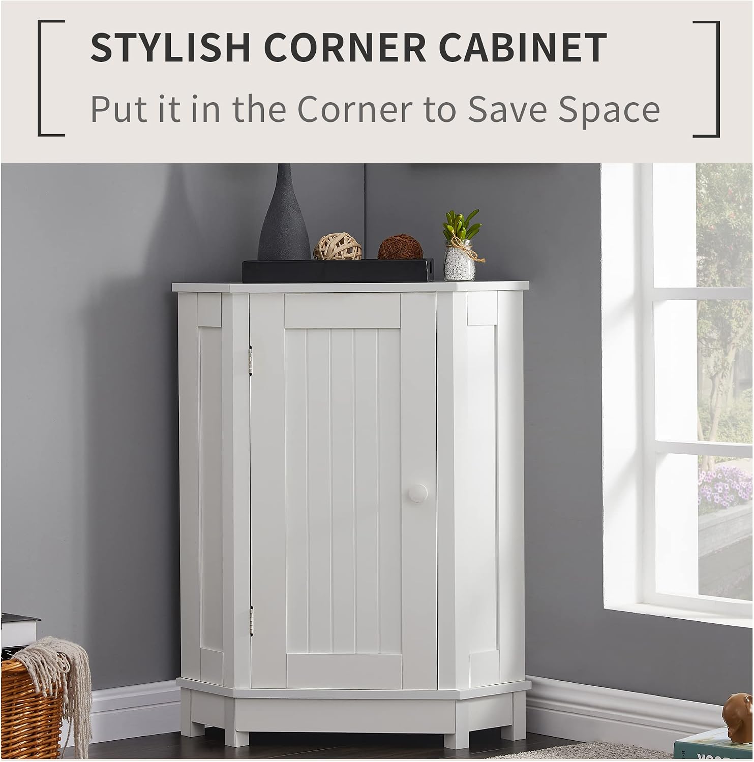 Merax Corner Cabinet White Bathroom Floor Storage with Adjustable Shelves for Kitchen, Living Room