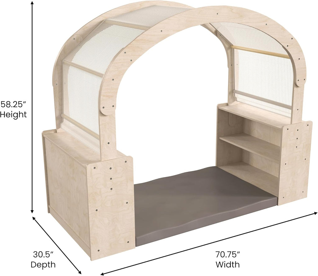 Classroom Essentials Commercial Grade Wooden Quiet Corner Reading Nook with Two Storage Shelf Units and Canopy-Green Guard Certified Wood