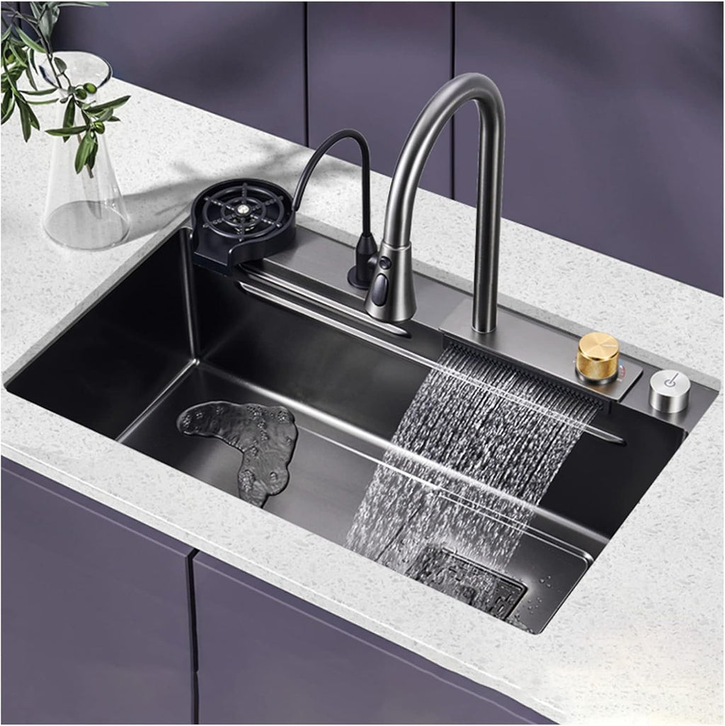 304 Stainless Steel Bar Sink Set Single Bowl Kitchen Sink Household Multi Function RV Sink with Faucet and Drain Assembly Drop in Or Under Mount (Color : Black, Size : 68x45x22cm) (Black 68x45x22