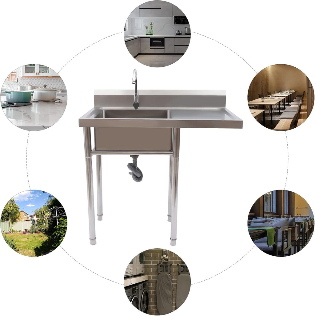 1 Compartment Commercial Sink, Stainless Steel Sink With Faucet&Drain Strainer Indoor Free Standing Sink for Kitchen, Garage, and Restaurant Washing Hand Table