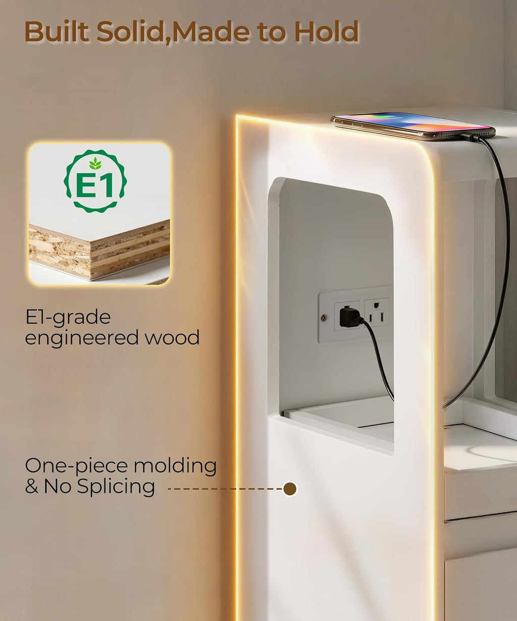Narrow Side Table Small End Table with Charging Station White Skinny End Tables with Drawers Slim Wood Nightstand Modern Couch Sofa Side Tables Tray for Living Room Bedroom Small Spaces