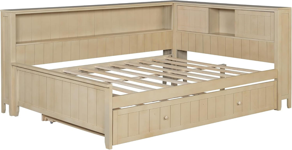 Merax Full Size Daybed with Storage Shelves and Trundle, Wood Slat Support, No Box Spring Needed, Antique White