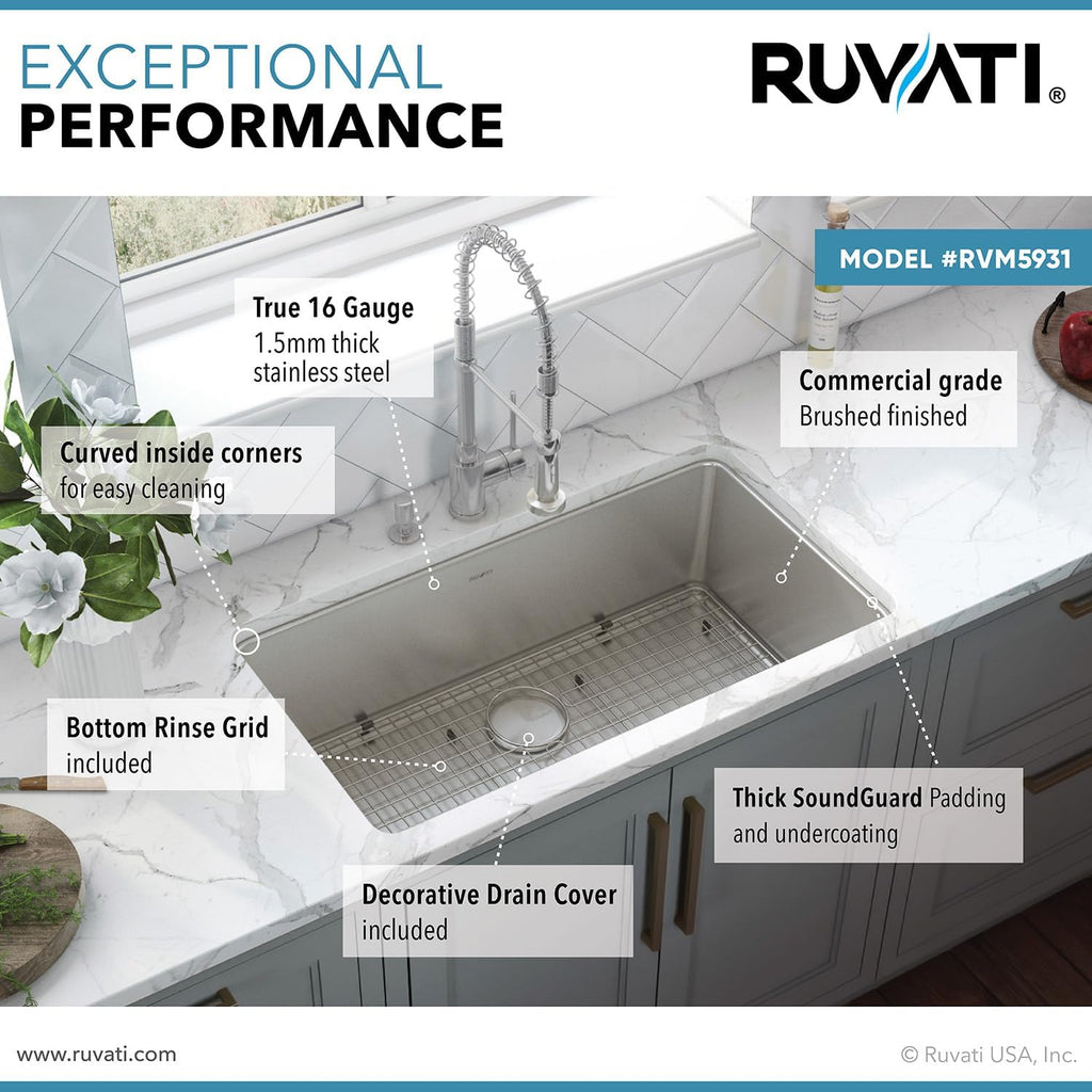 Ruvati 31-inch Undermount Kitchen Sink - 16 Gauge Stainless Steel kitchen Sink Single Bowl with Brushed Finish hides scratches, Easy-to-Clean Undermount Sinks - RVM5931