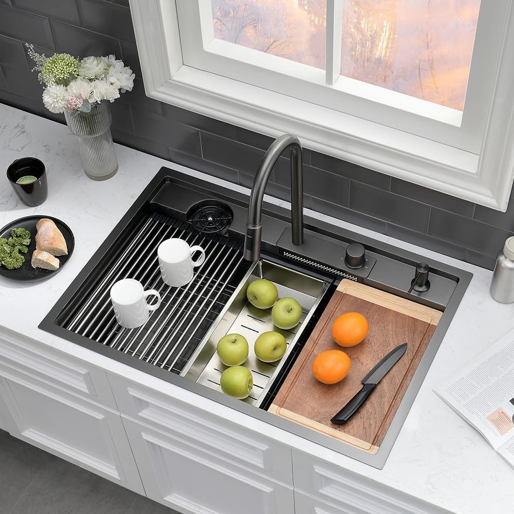 33 Black Drop In Waterfall Kitchen Sink Workstation-VASOYO 33x22 Black Stainless Steel Waterfall Kitchen Sink with Facuet and Cup Washer 16 Gauge Multifunctional Deep Single Bowl Topmount Smart Sinks