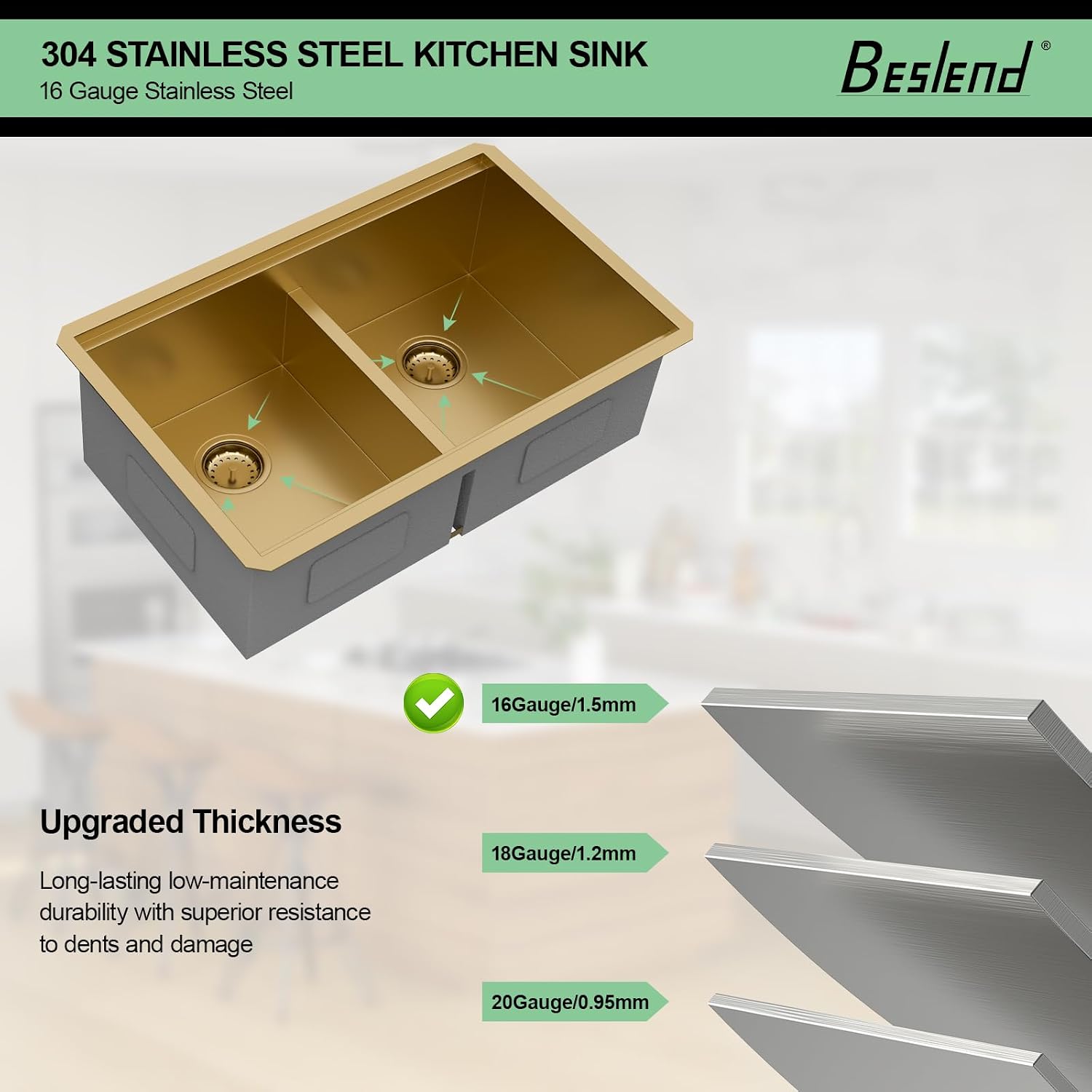 30 Inch Gold Undermount Kitchen Sink, 30x19 50/50 Double Bowl Workstation Sink, 16 Gauge T304 Heavy Duty Stainless Steel Low Divide Golden Kitchen Sink with Gold Accessories