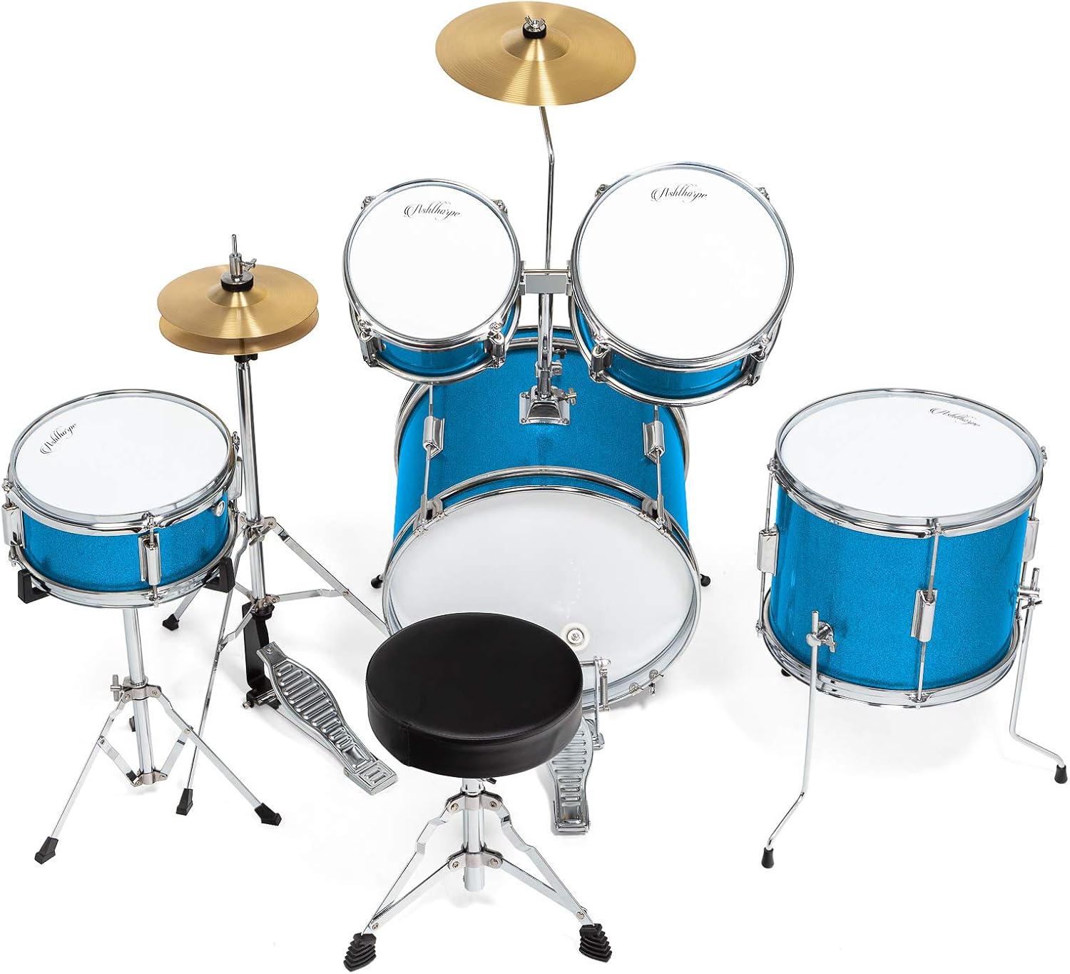 Ashthorpe 5-Piece Complete Junior Drum Set with Genuine Brass Cymbals - Advanced Beginner Kit with 16' Bass, Adjustable Throne, Cymbals, Hi-Hats, Pedals & Drumsticks - Blue