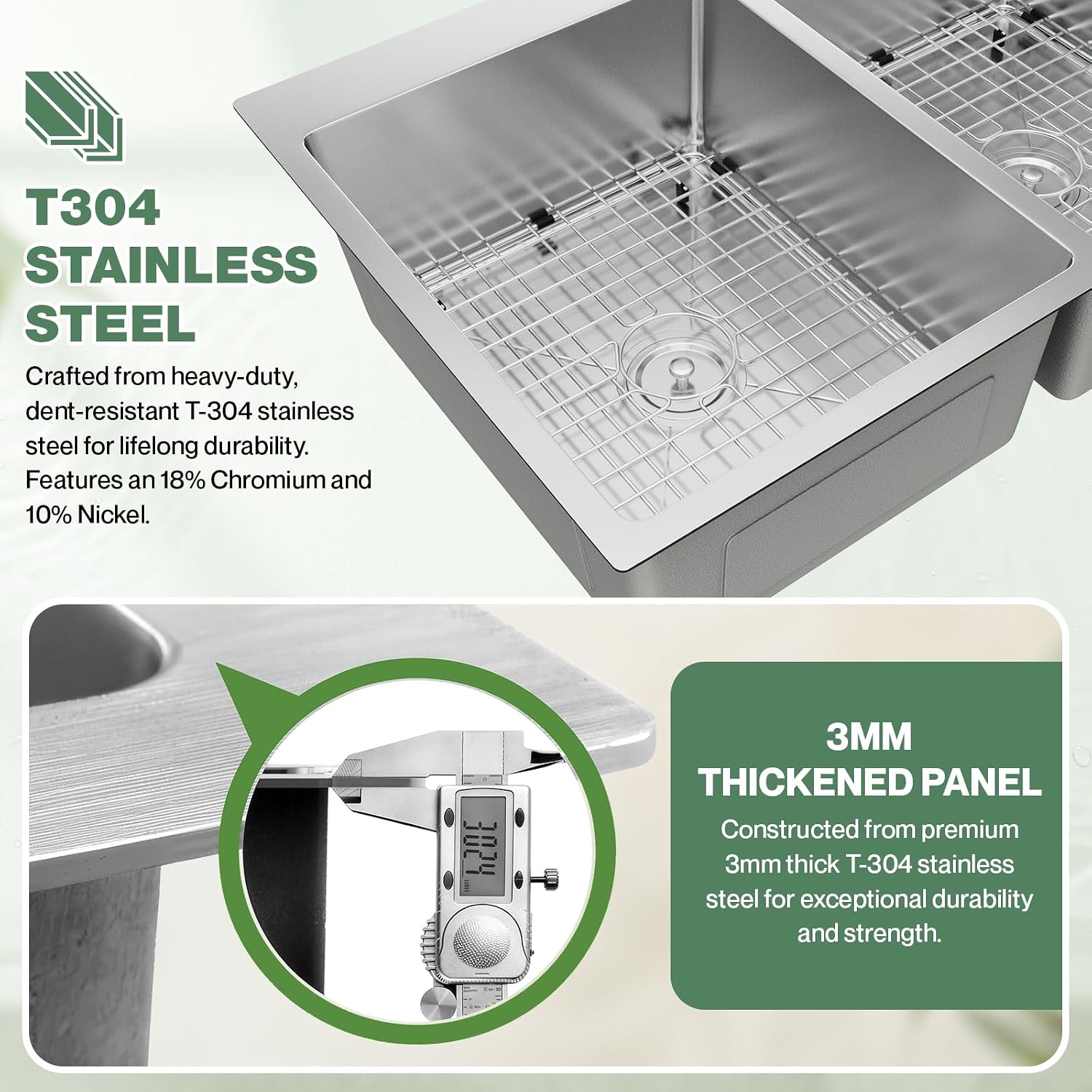 33' x 22' x 9' Drop-In Double Bowl Kitchen Sink, Topmount Stainless Steel with Satin Finish, Soundproofing & Protective Bottom Grid