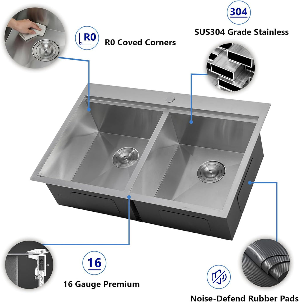 IKEBANA 33 x 22 Inch Double Bowl Kitchen Sink Drop in, Brushed Nickel 16 Gauge Stainless Steel Topmount 50/50 Double Basin Workstation Kitchen Sink with Accessories