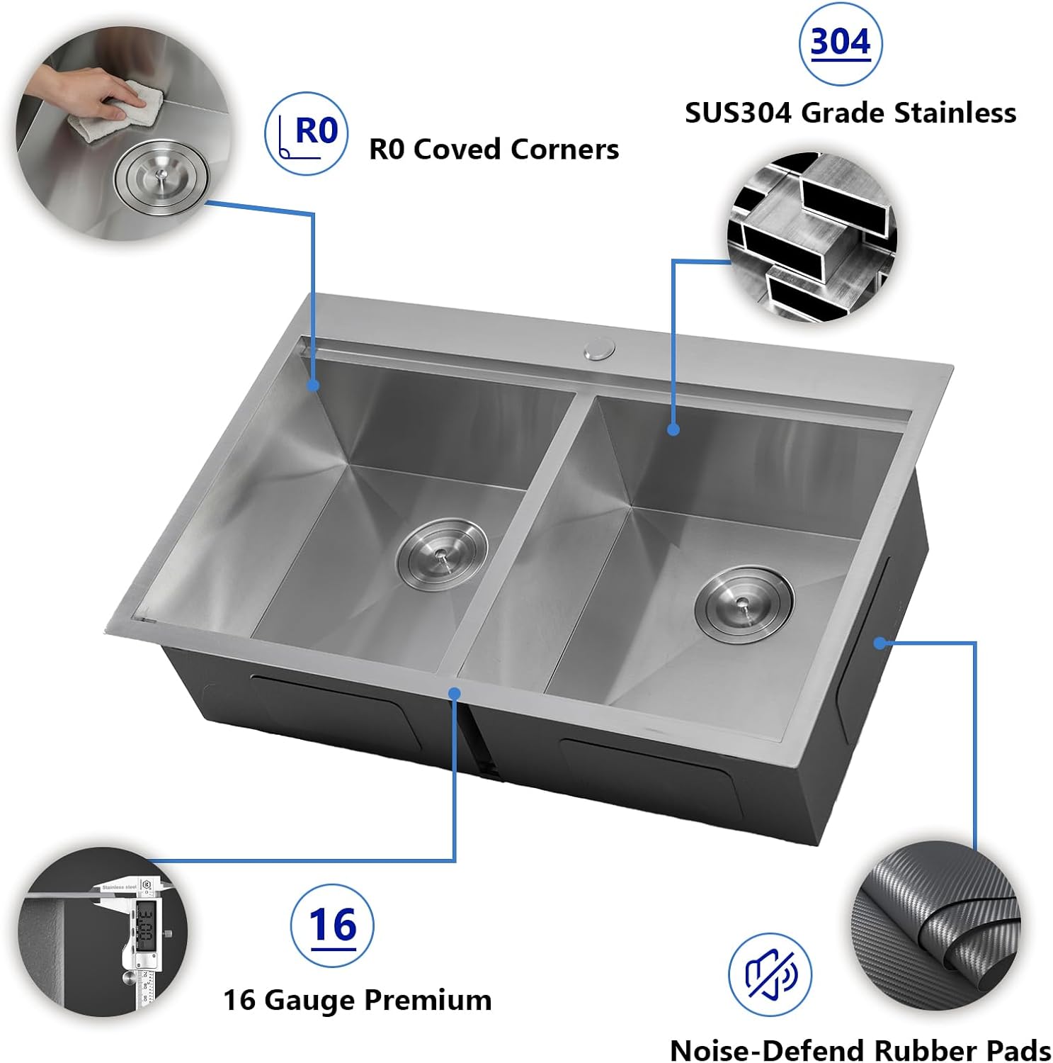 IKEBANA 33 x 22 Inch Double Bowl Kitchen Sink Drop in, Brushed Nickel 16 Gauge Stainless Steel Topmount 50/50 Double Basin Workstation Kitchen Sink with Accessories