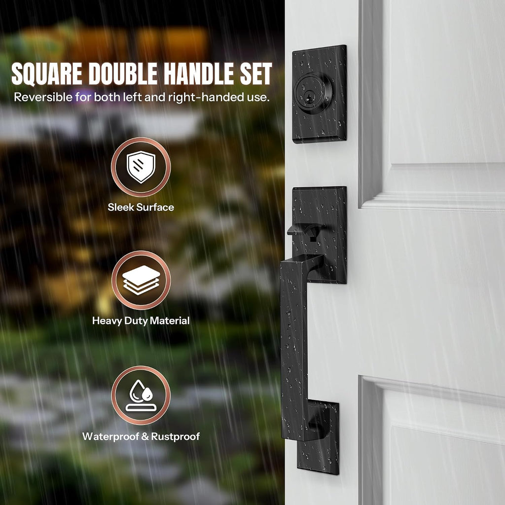 Double Front Door Lock Set, Keyed Entry Front Door Handleset with Dummy, Square Heavy Duty Door Lever and Single Cylinder Deadbolt Combo, Matte Black