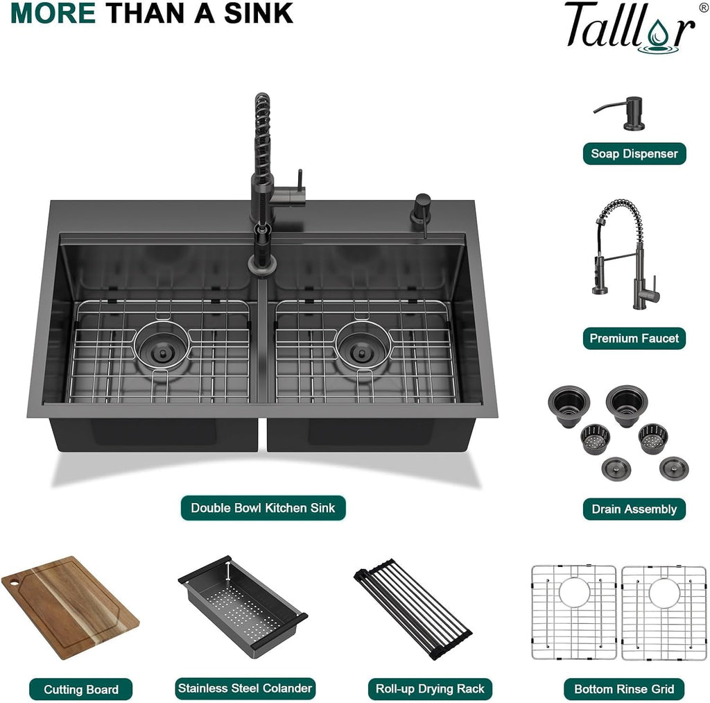 36 Inch Drop-In Double Bowl Kitchen Sink with Faucet, 16 Gauge 304 Stainless Steel 50/50 Low Divide Workstation All-In One Large Sink with Accessories Gunmetal Black #TL-FDOE00094