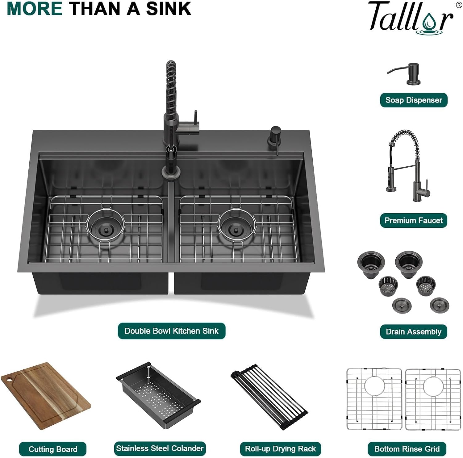 36 Inch Drop-In Double Bowl Kitchen Sink with Faucet, 16 Gauge 304 Stainless Steel 50/50 Low Divide Workstation All-In One Large Sink with Accessories Gunmetal Black #TL-FDOE00094