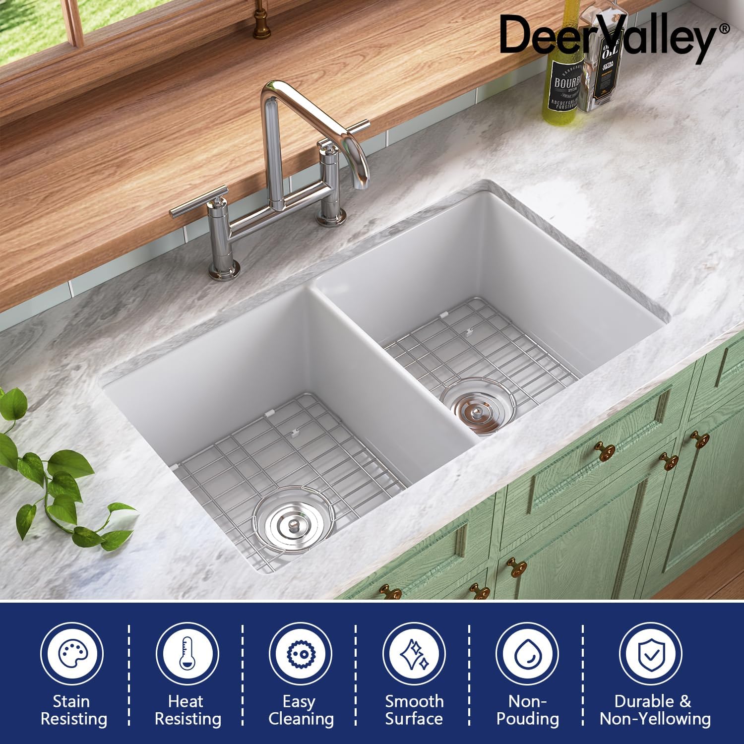 DeerValley Double Bowl Farmhouse Sink 32 Inch, Fireclay Undermount Kitchen Sinks, White Deep Drop-in Modern Sink with Grid & Basket Strainer