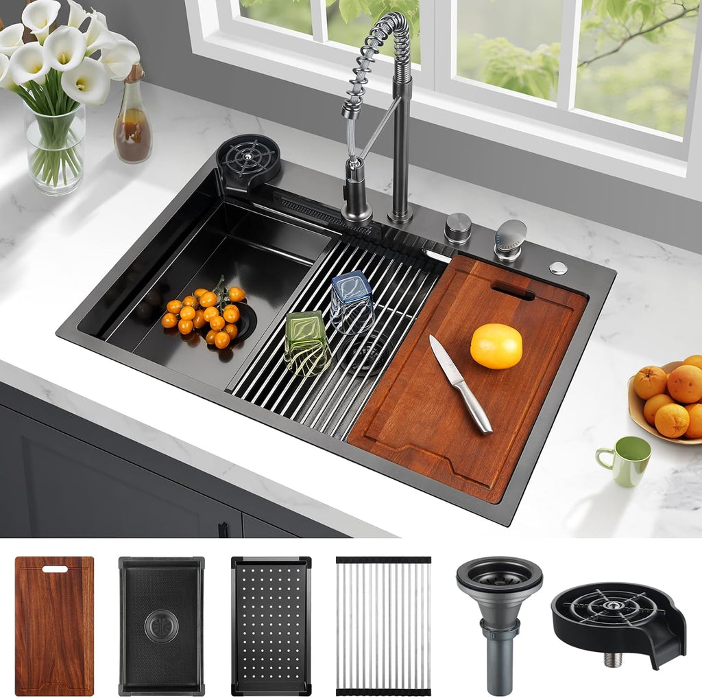 33x22 Inch Kitchen Sink with Waterfall Faucet Combo, Nano PVD Black 16 Gauge Stainless Steel Workstation, Scratch Resistant Single Bowl Drop-In Sink, Multifunctional Handmade Design
