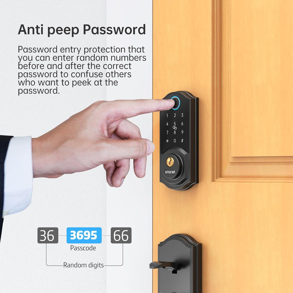 Smart Lock Front Door Set - SMONET Keyless Entry Door Lock with Handle Smart Front Door Lock Set Fingerprint Smart Deadbolt Bluetooth Electronic Digital Keypad Lock Auto Compatible with Alexa