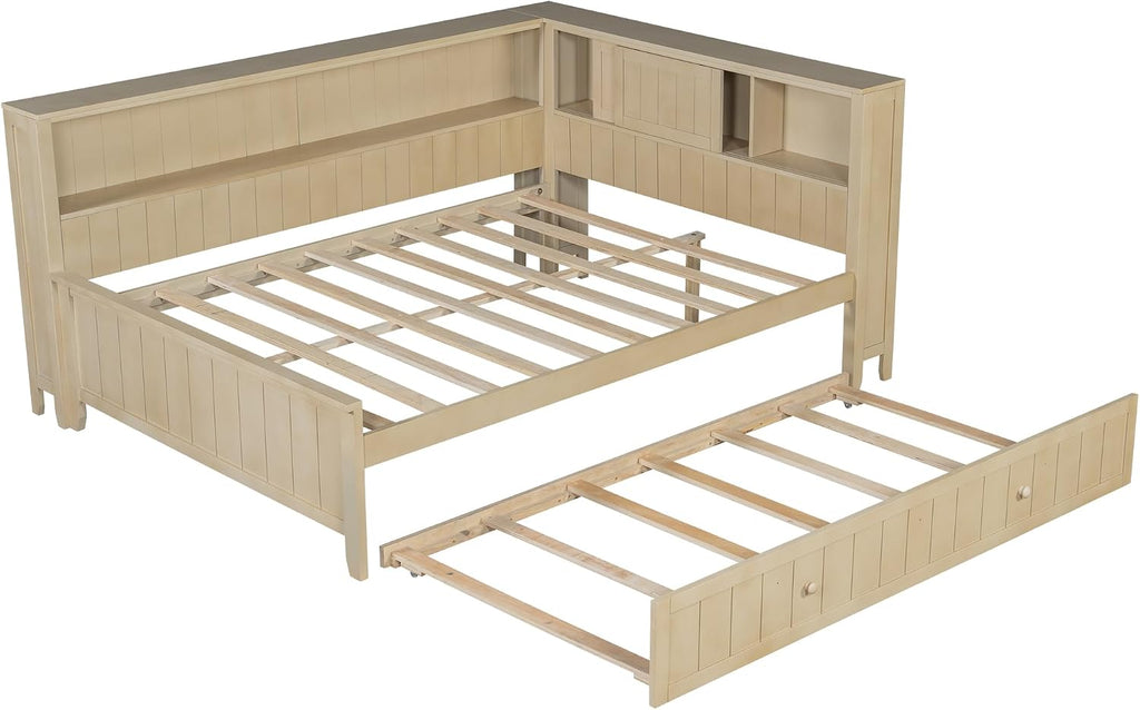 Merax Full Size Daybed with Storage Shelves and Trundle, Wood Slat Support, No Box Spring Needed, Antique White