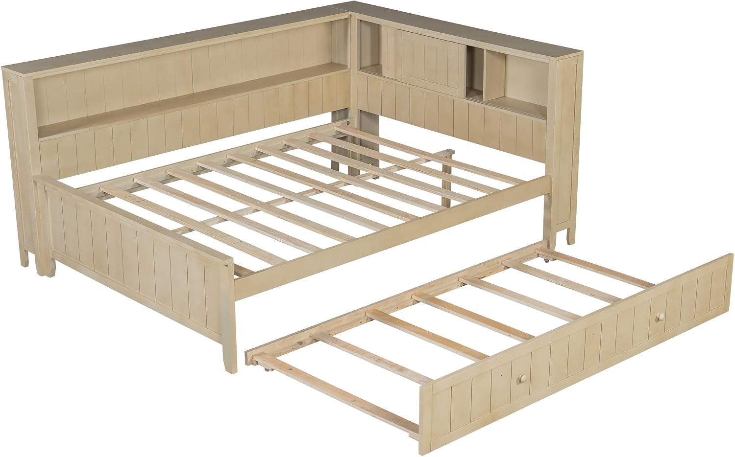 Merax Full Size Daybed with Storage Shelves and Trundle, Wood Slat Support, No Box Spring Needed, Antique White