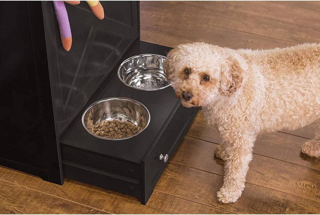 zoovilla Windsor Pet Feeders with storage - dog bowl stand, pet feeder station, Black 13.78?D x 24.02?W x 35.04?H