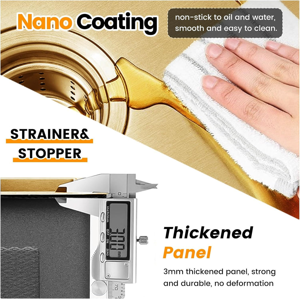 Gold Stainless Steel Single Bowl Kitchen Sink With Drainer, Drop In/Undermount Large Workstation Sink, Includes Pull Out Faucet, Cup Washer, Basin, Drain Basket, Full Waste Kit(Gold,80x45x22cm)