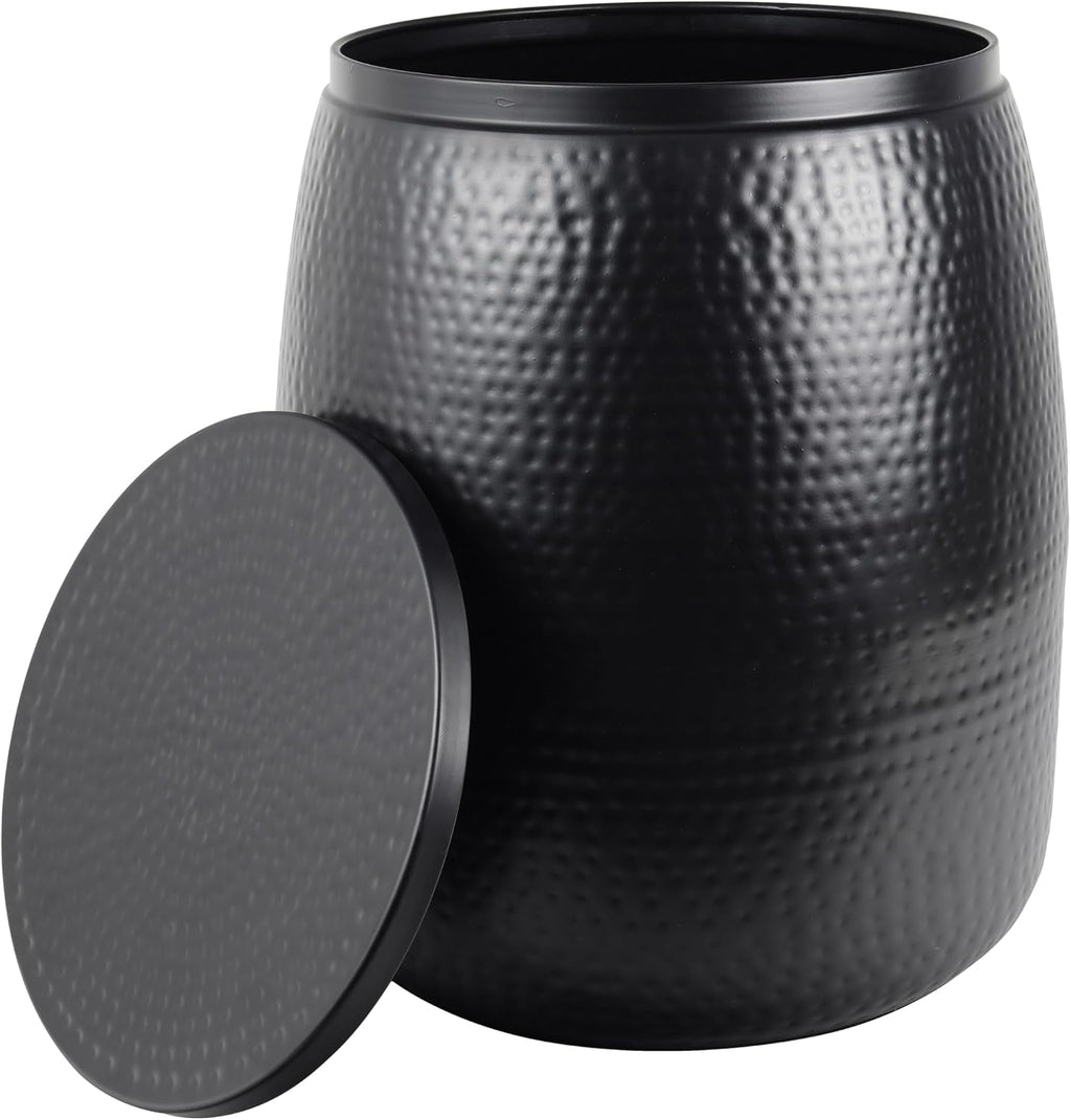 happimess SSL2000A Merida 19' Modern Rustic Hammered Metal Drum Storage Side Table with Lid, End Table for Decoration in Living Room, Bedroom, Bathroom, Matte Black