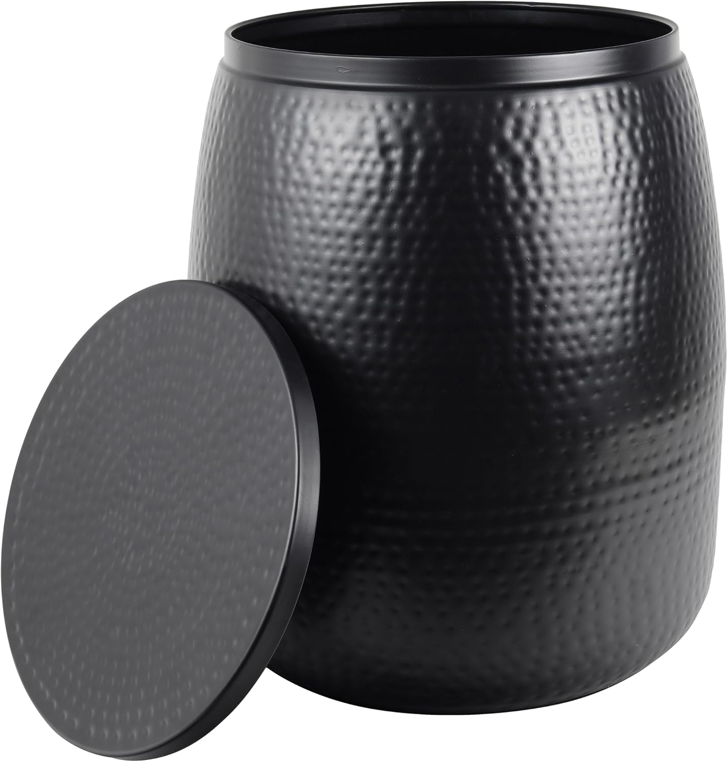 happimess SSL2000A Merida 19' Modern Rustic Hammered Metal Drum Storage Side Table with Lid, End Table for Decoration in Living Room, Bedroom, Bathroom, Matte Black