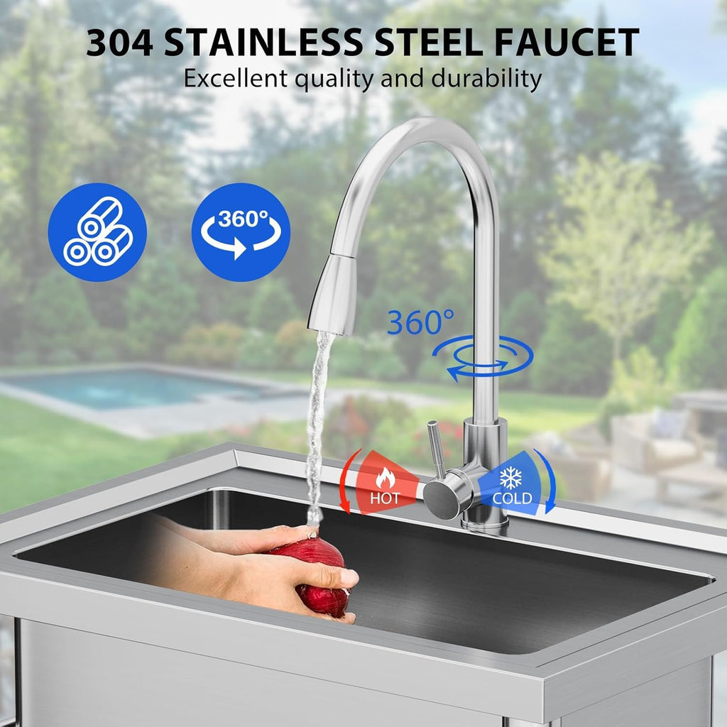 GarveeTech NSF Stainless Steel Single Bowl Sink, Freestanding Utility Sink with Pull-Out Faucet, Cold & Hot Water, for Kitchen, Bar, Garage, Backyard (28 in)