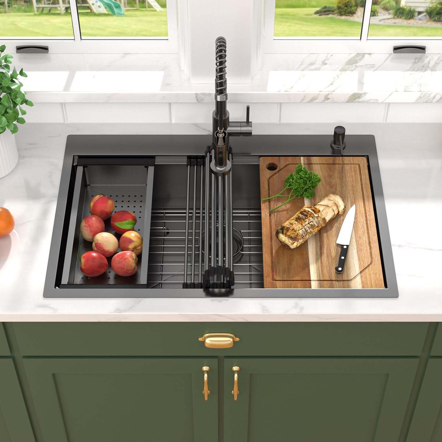 Drop In Kitchen Sink - 33x22 Drop In Gunmetal Black Kitchen Sink with Faucet Combo Workstation NANO-PVD 16 Gauge Stainless Steel Topmount Single Bowl Sinks Round Corners #TL-FDOE00097