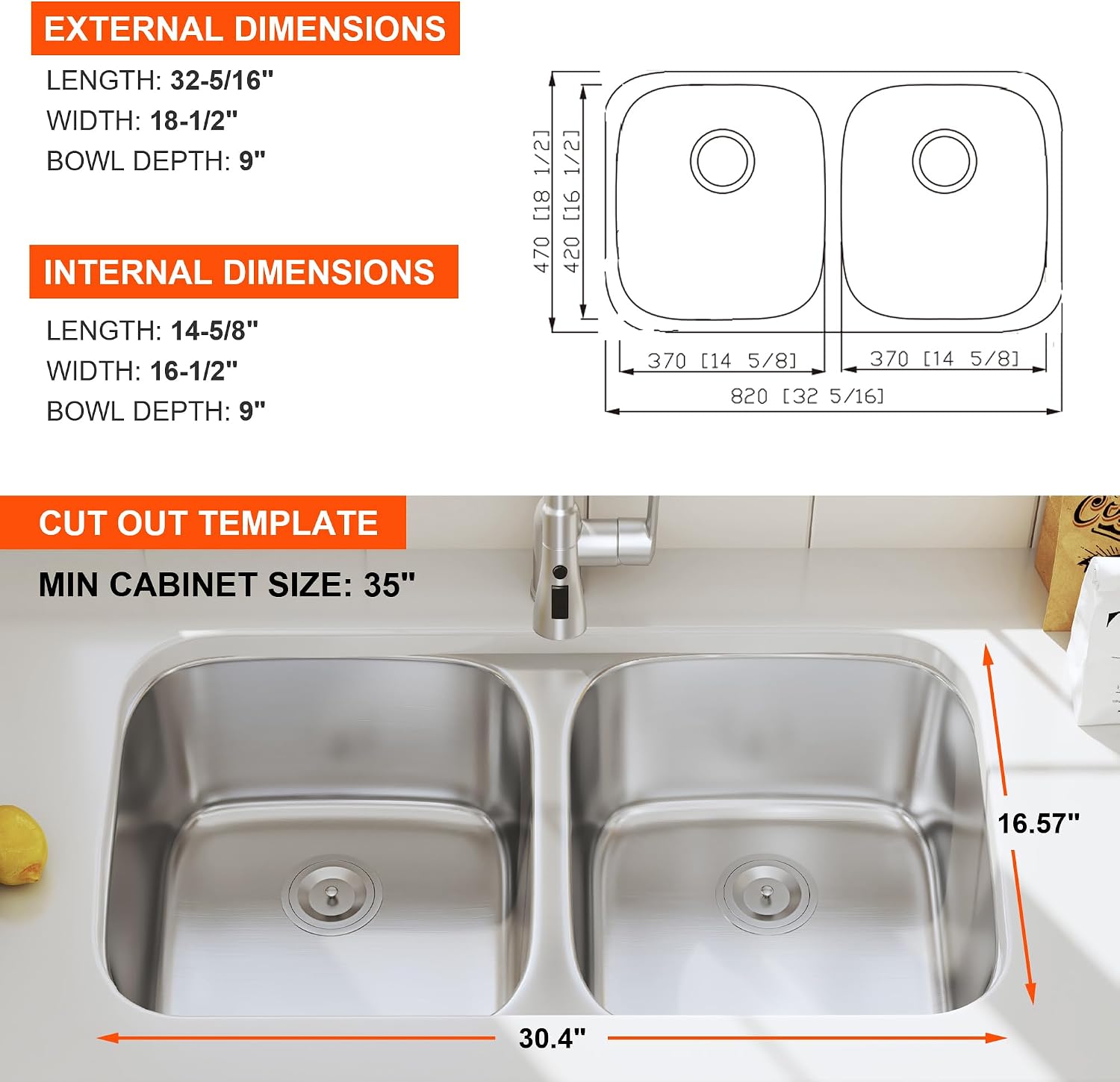 32 Inch Undermount Double Bowl Kitchen Sink 50/50 Stainless Steel 18 Gauge Commercial Grade Satin Finish Dual Bowl Sinks 32' x 18' x 9' (Sink Only)