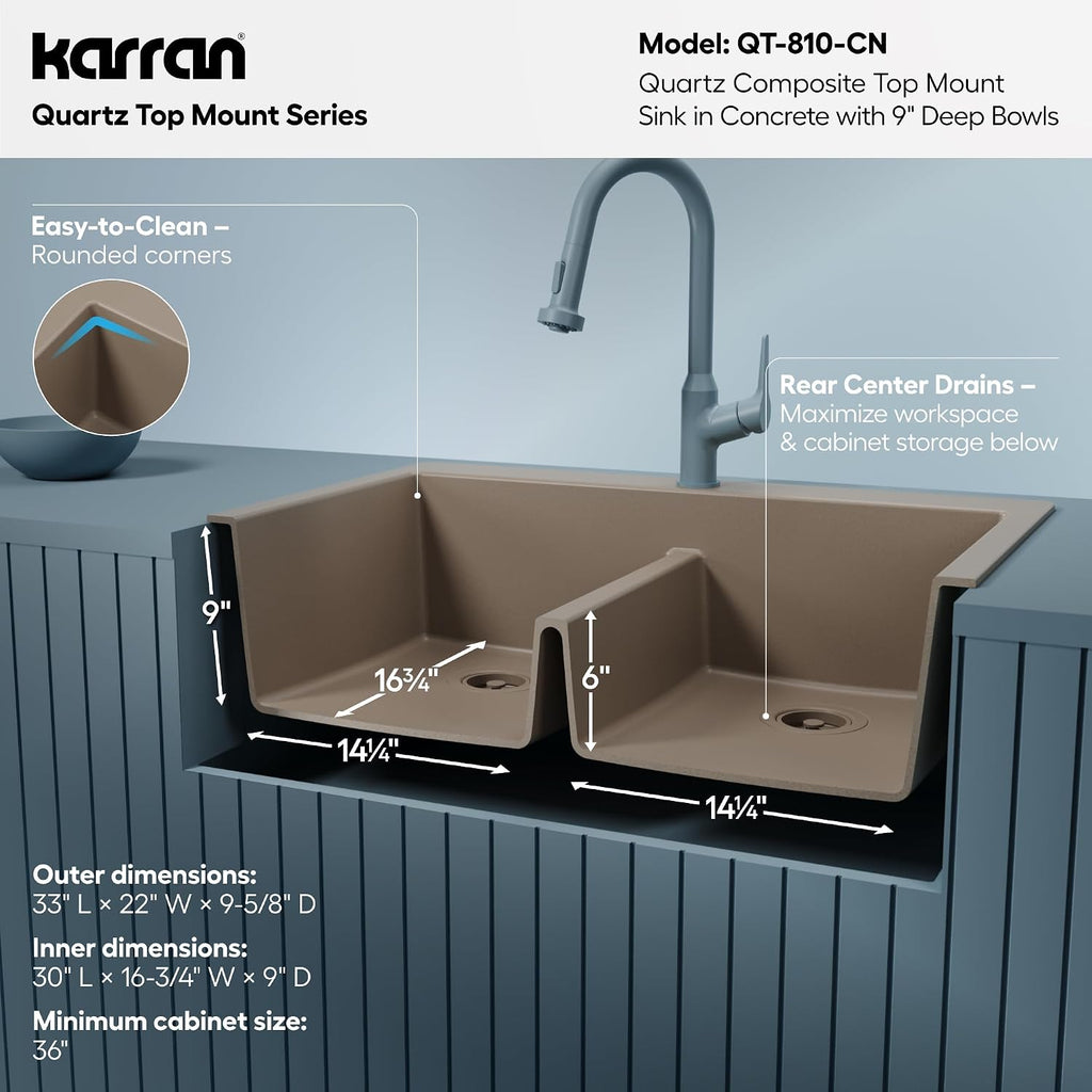 Karran 33' Concrete Color Quartz Composite Double Bowl Kitchen Sink – Top Mount Drop-In 50/50 Low Divider, 80% Natural Quartz, 535°F Heat Resistant, Sound Dampening, Granite Composite, QT-810
