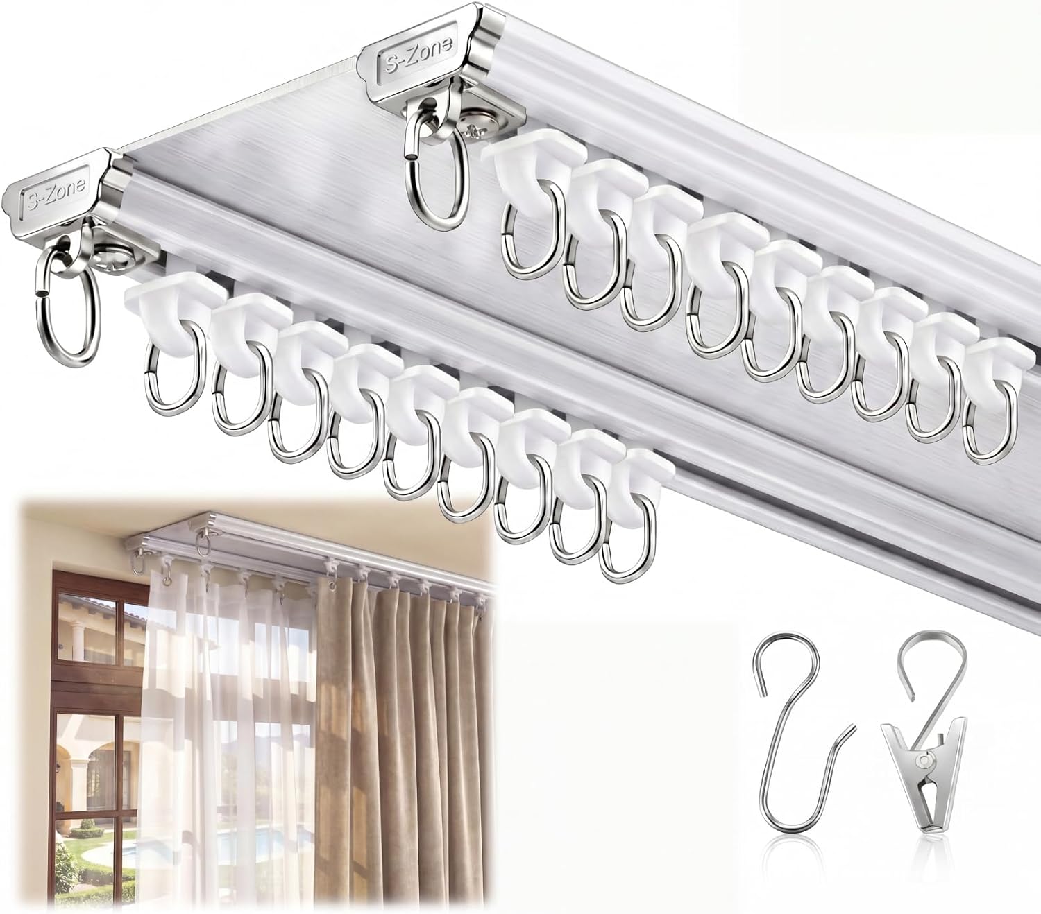 Juexica Ceiling Curtain Double Track Set 3ft-16.4ft/5 Meter White Double Curtain Track Ceiling Mount Heavy Duty Room Divider Adjustable Length Rails with Clips Hooks End Hook