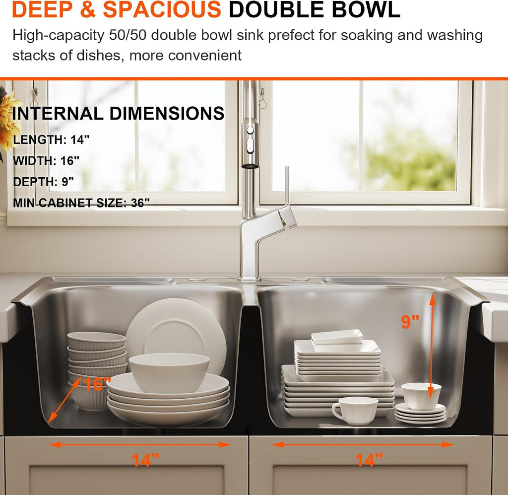 33x22 Drop In Double Bowl Kitchen Sink 33 Inch 50/50 Topmount 18 Gauge Stainless Steel Commercial Grade Satin Finish Sinks with Basket Strainer 33' x 22' x 9'