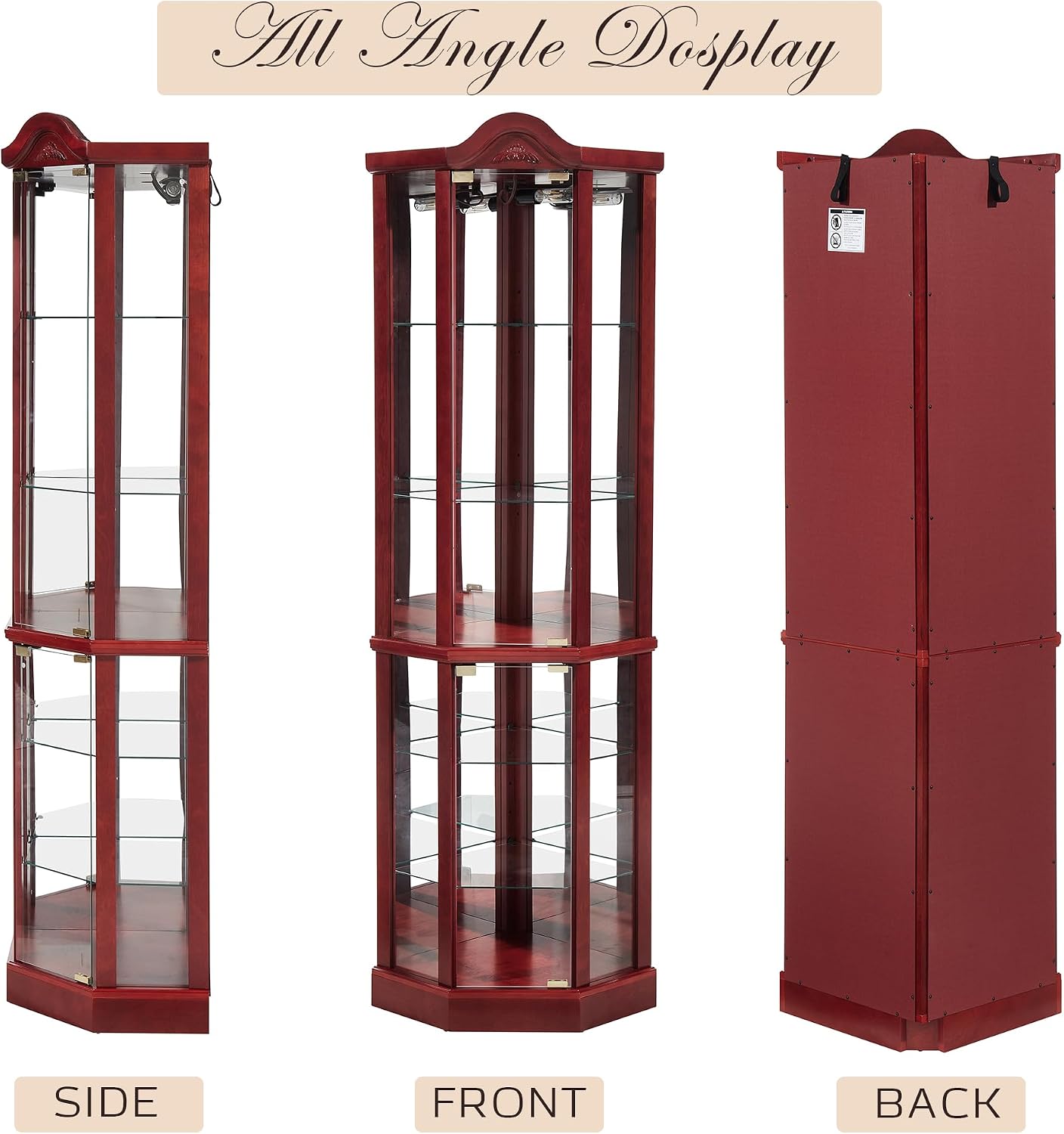 72' H Lighted Corner Curio Cabinet, Wooden Curio Cabinet with Tempered Glass Doors, 6-Tier Shelves Corner Cabinet with Glass, Liquor Display Storage Rack for Living Room(Cherry)