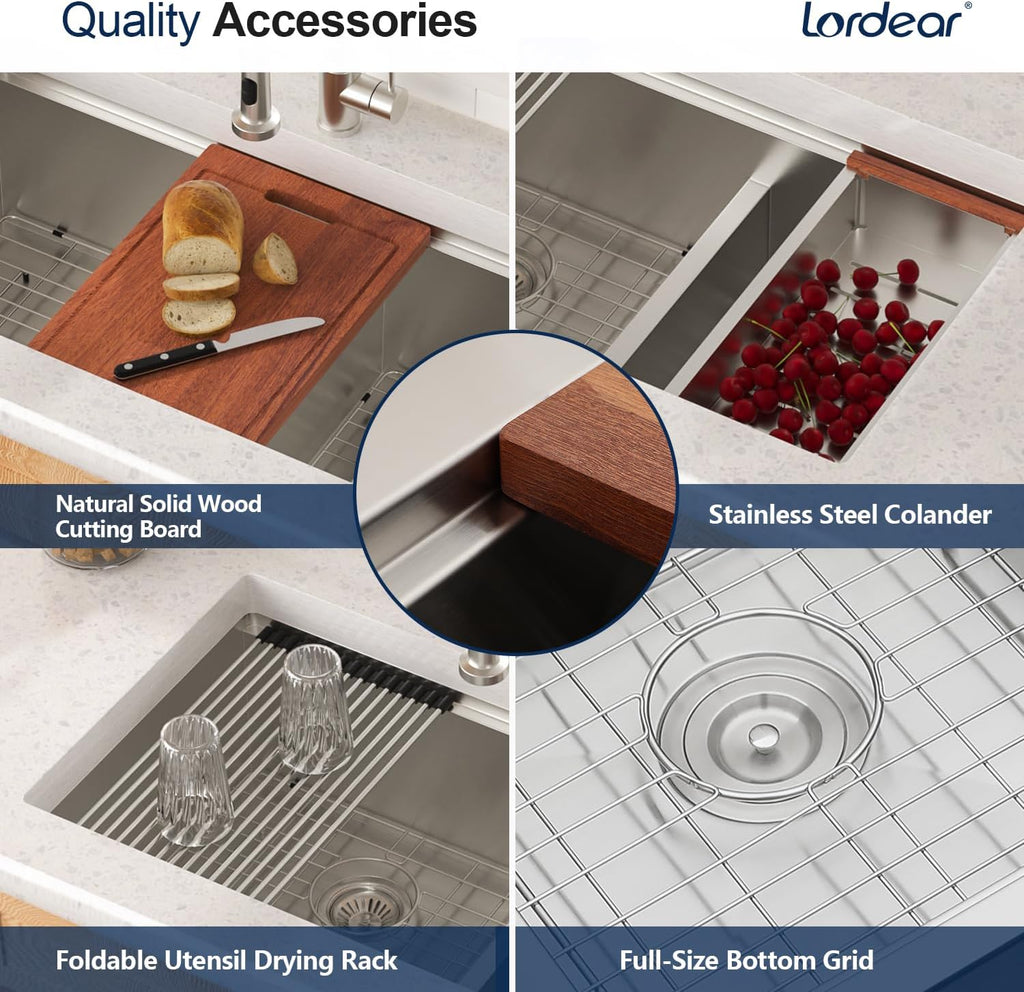Lordear 30 Inch Kitchen Sink Double Bowl Workstation Kitchen Sinks Low Divide Double Bowl 60/40 16 Gauge Stainless Steel Under Counter Sink Basin 30x19x10 Inch
