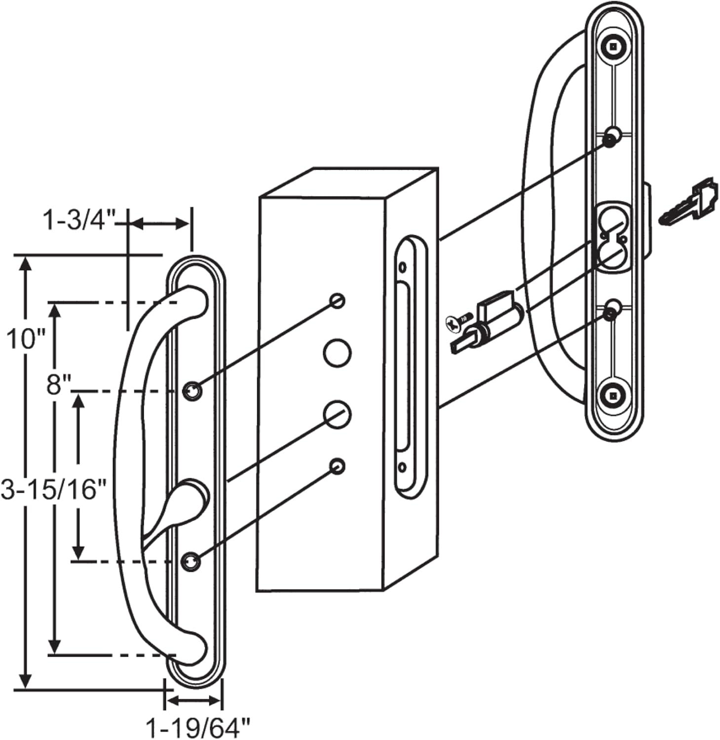 10' Olympus Sliding Patio Glass Door Black Offset Pull Handle Set Replacement with Keys fits 3 ¹⁵/₁₆ inches Hole Spacing, and 1-1/4' to 2-1/4' Door Thickness