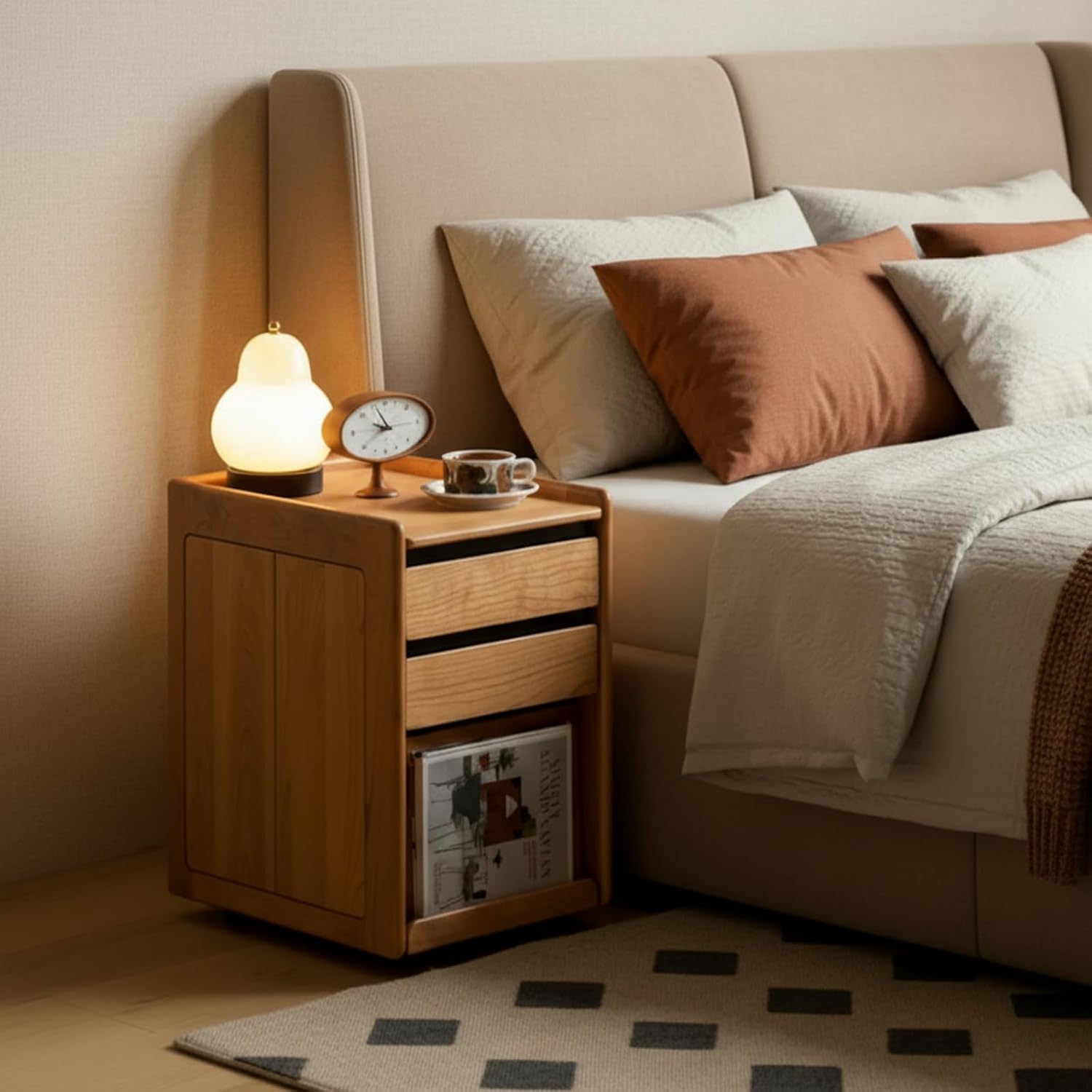 YESWOOD Solid Cherry Wood Side Table with Wheels, Narrow Side Tables with Storage Drawers, Rolling Wood Nightstand for Bedroom Living Room Study(Cherry Color, 22.76' H)