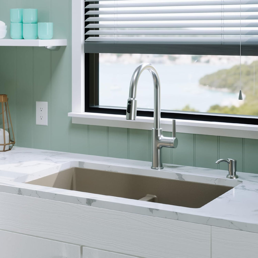 Karran 32' Quartz Composite Undermount Double Bowl Kitchen Sink with Low Divider – 50/50 Equal Bowl, 80% Natural Quartz, 535°F Heat Resistant, Sound Dampening, Concrete Color, QU-810