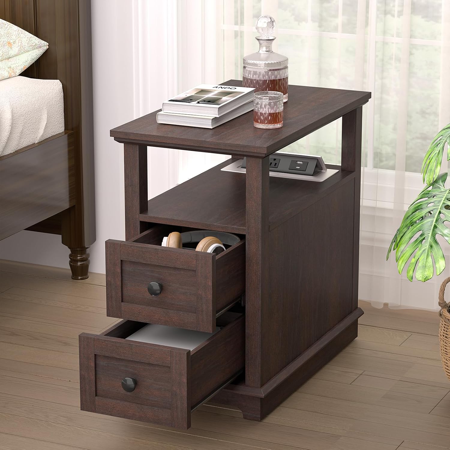 HIFYOBRO Narrow End Table with Flip Top Charging Station Set of 2, Side Table with 2 Drawers, Type-C & USB Port & Power outlets, Wooden Storage Cabinet for Living Room and Bedroom