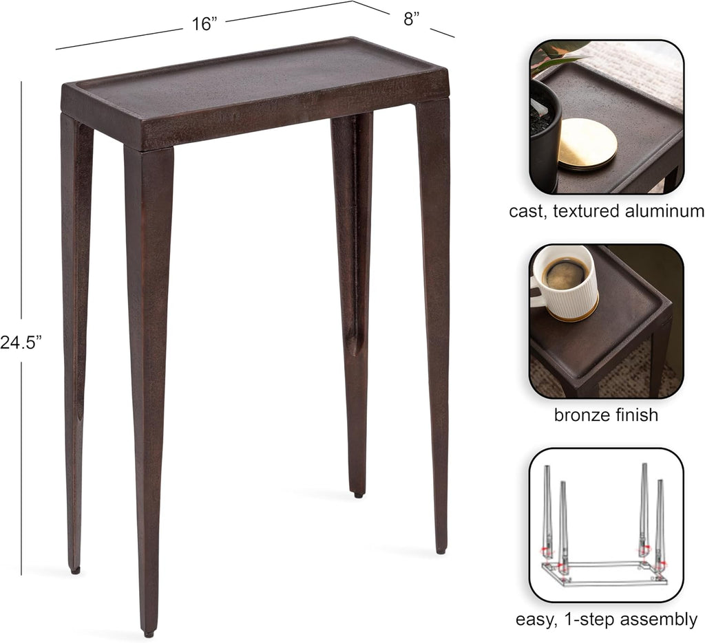 Kate and Laurel Rava Modern Cast Aluminum Metal Narrow Side Table, 16 x 8 x 25, Bronze, Slim Bedroom Nightstand for Use as Bedside Table or Skinny Living Room End Table