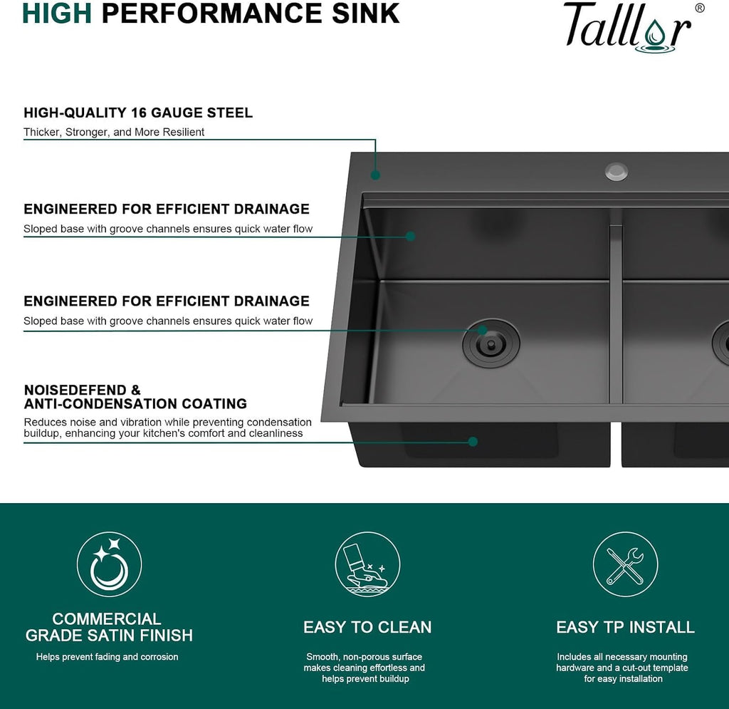 36 Inch Drop-In Double Bowl Kitchen Sink with Faucet, 16 Gauge 304 Stainless Steel 50/50 Low Divide Workstation All-In One Large Sink with Accessories Gunmetal Black #TL-FDOE00094