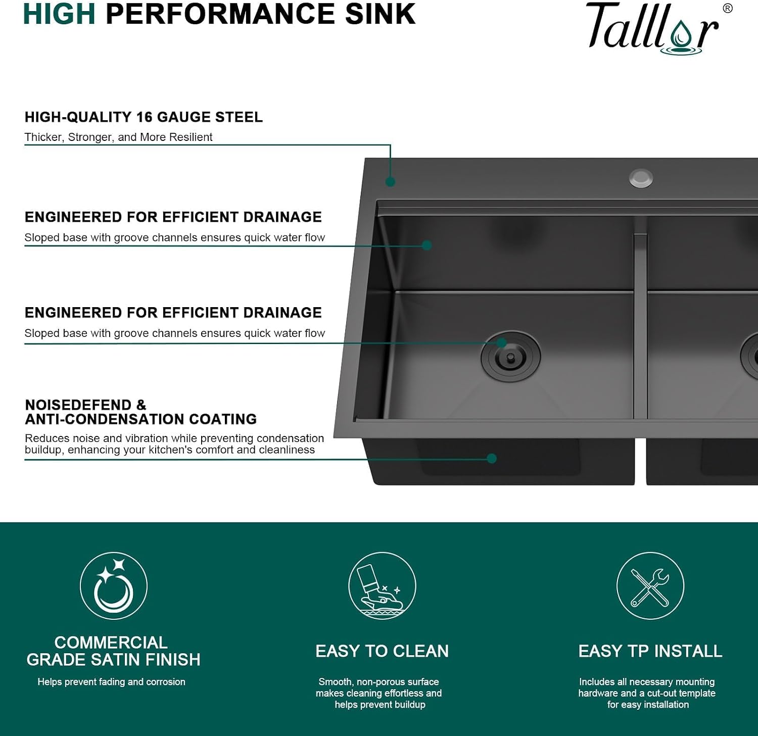 36 Inch Drop-In Double Bowl Kitchen Sink with Faucet, 16 Gauge 304 Stainless Steel 50/50 Low Divide Workstation All-In One Large Sink with Accessories Gunmetal Black #TL-FDOE00094
