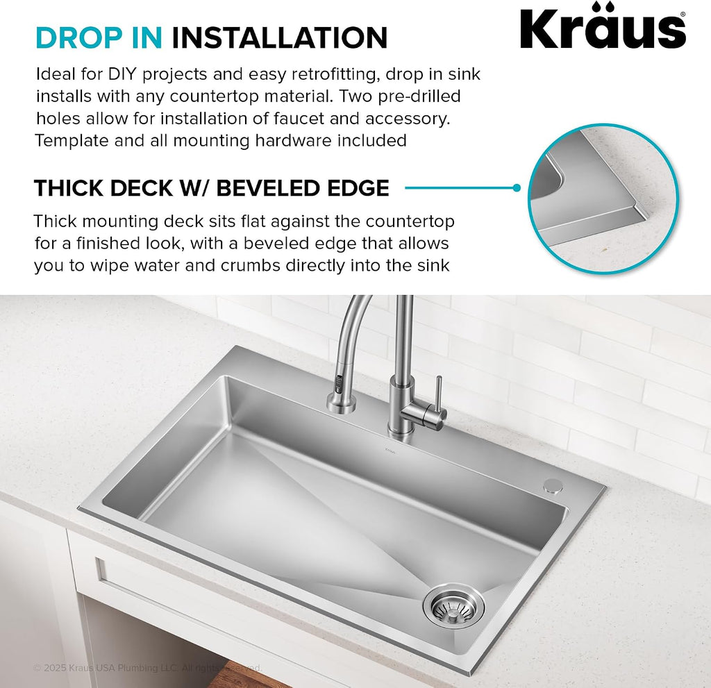 KRAUS Fairlane 33-inch ADA Compliant Drop In/Top Mount Single Bowl 18-Gauge Stainless Steel Kitchen Sink, KHT640-33-5.5