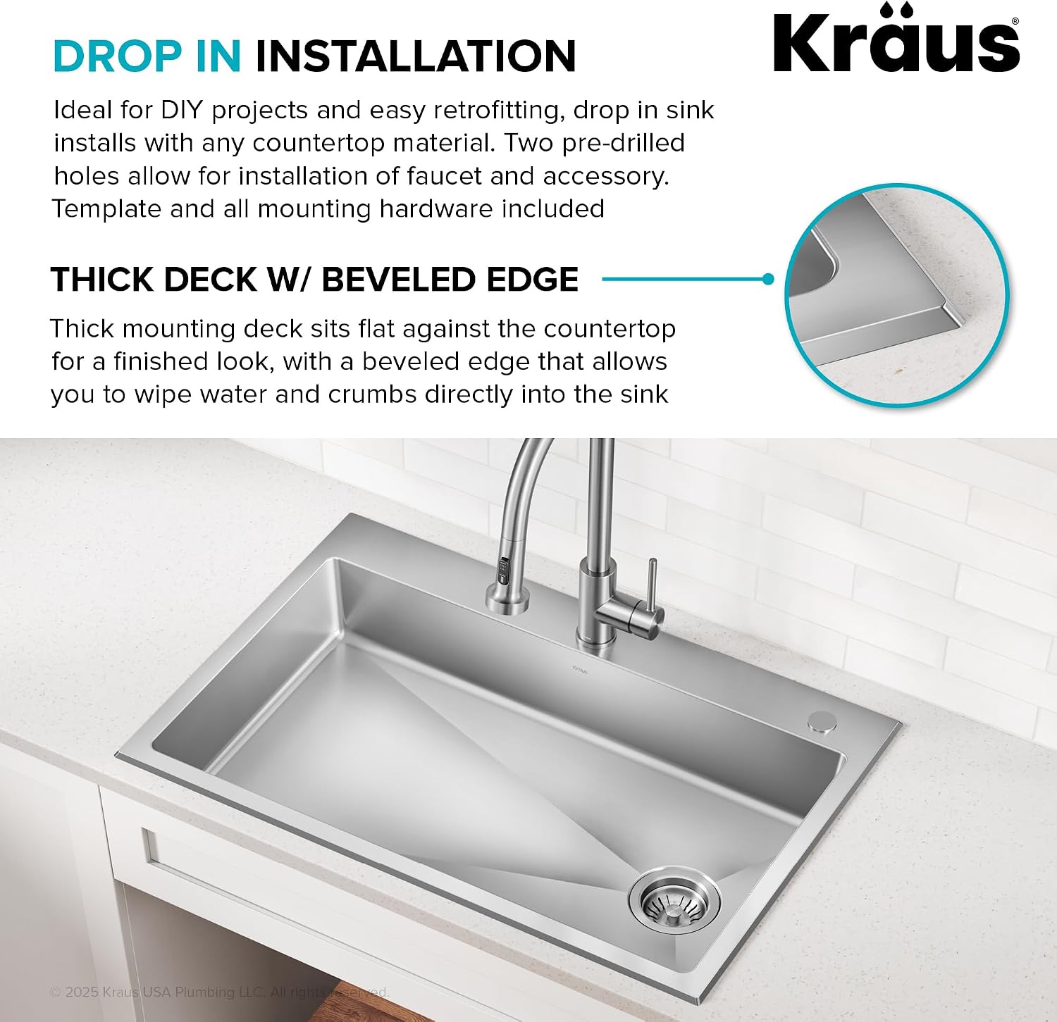 KRAUS Fairlane 33-inch ADA Compliant Drop In/Top Mount Single Bowl 18-Gauge Stainless Steel Kitchen Sink, KHT640-33-5.5