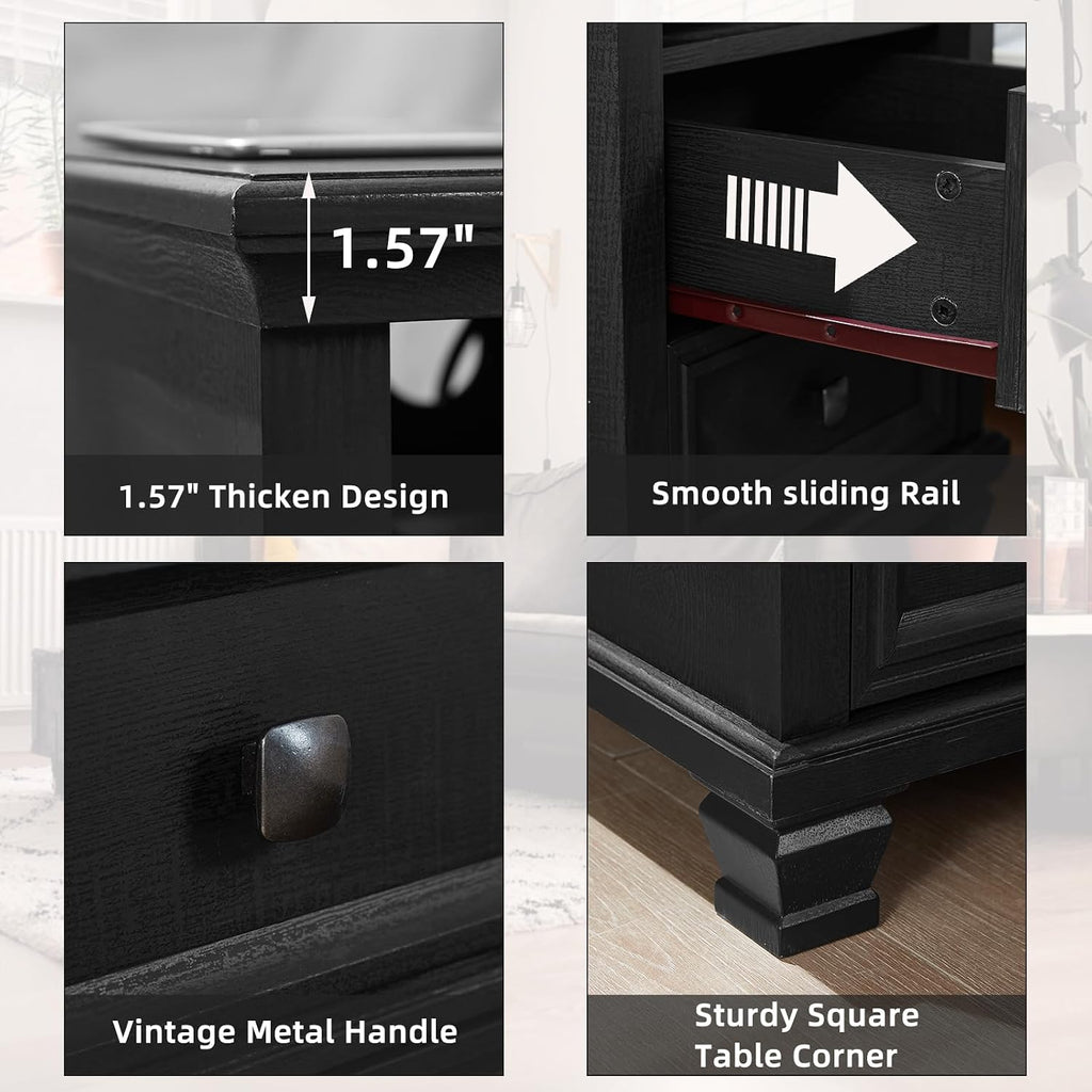 SAVOR LIFE Farmhouse Nightstand Set of 2 with Charging Station, Rustic Black Nightstand with Drawers, Bedside Table with Open Shelf for Bedroom, Black
