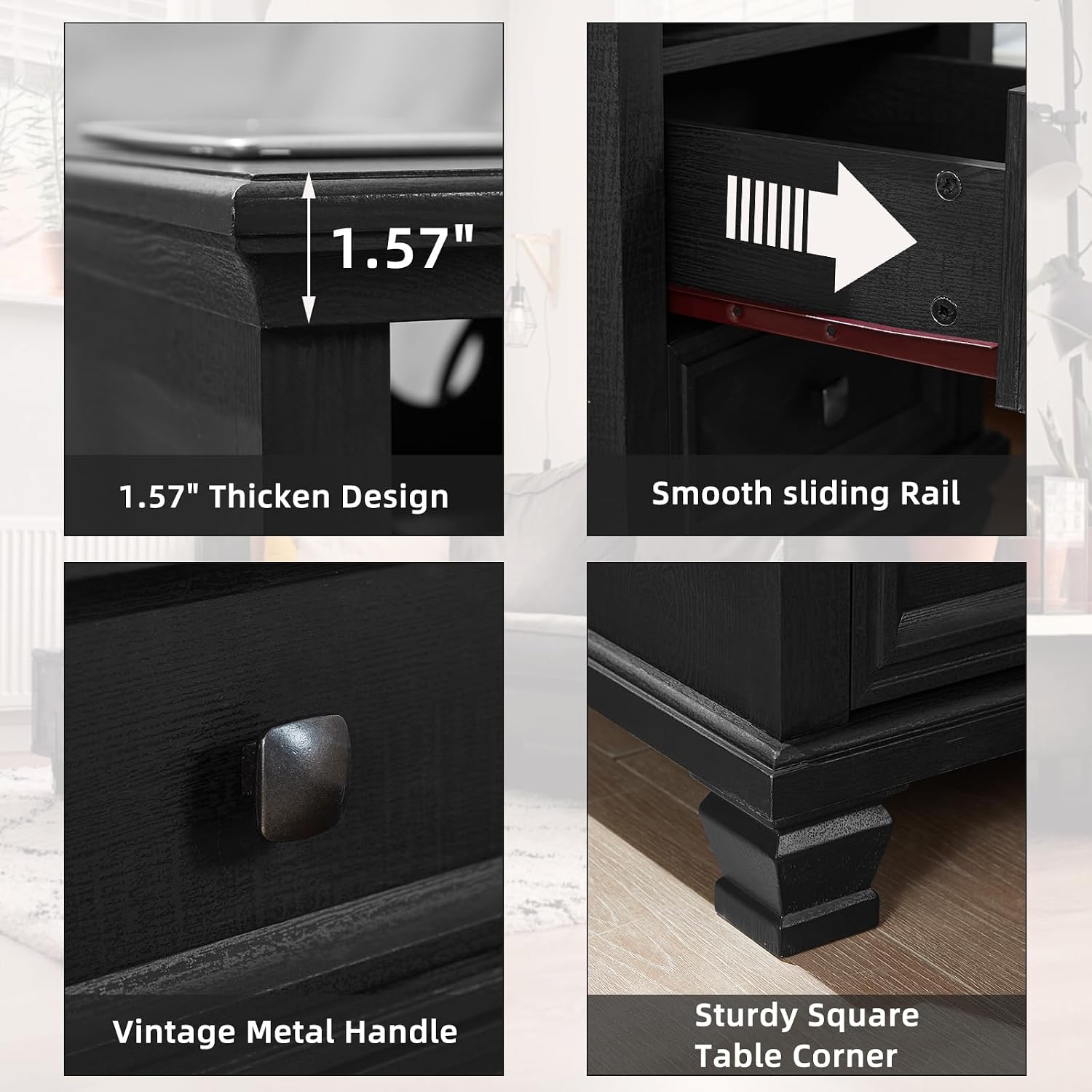 SAVOR LIFE Farmhouse Nightstand Set of 2 with Charging Station, Rustic Black Nightstand with Drawers, Bedside Table with Open Shelf for Bedroom, Black