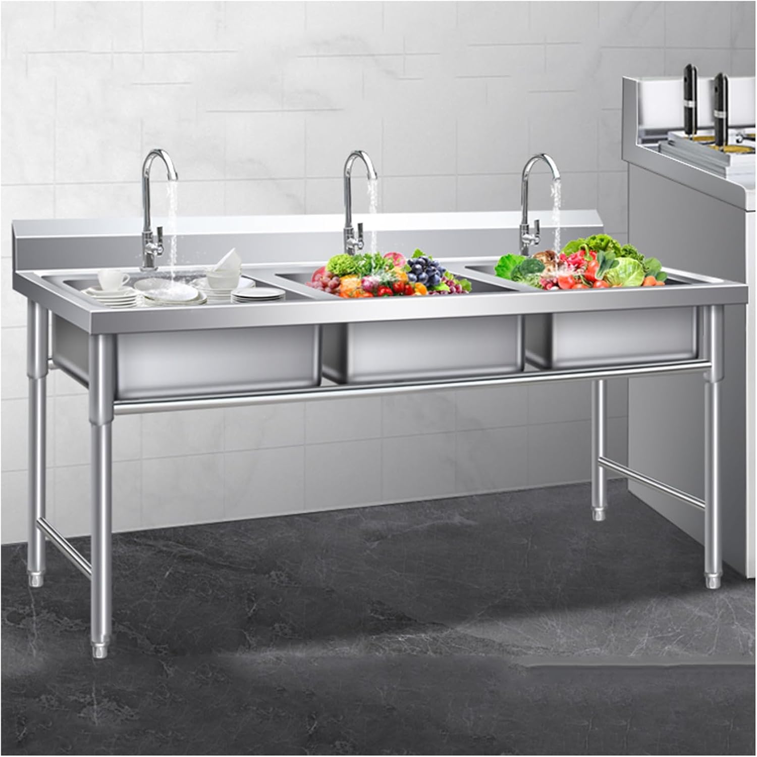 Triple-bowl Design Stainless Steel Sink Includes Accessories Beam-Reinforced Outdoor Sinks with Backrest H80cm (31.5') X-Flow Adjustable Feet Large Opening