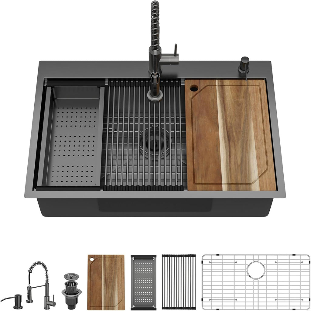 Drop In Kitchen Sink - 33x22 Drop In Gunmetal Black Kitchen Sink with Faucet Combo Workstation NANO-PVD 16 Gauge Stainless Steel Topmount Single Bowl Sinks Round Corners #TL-FDOE00097