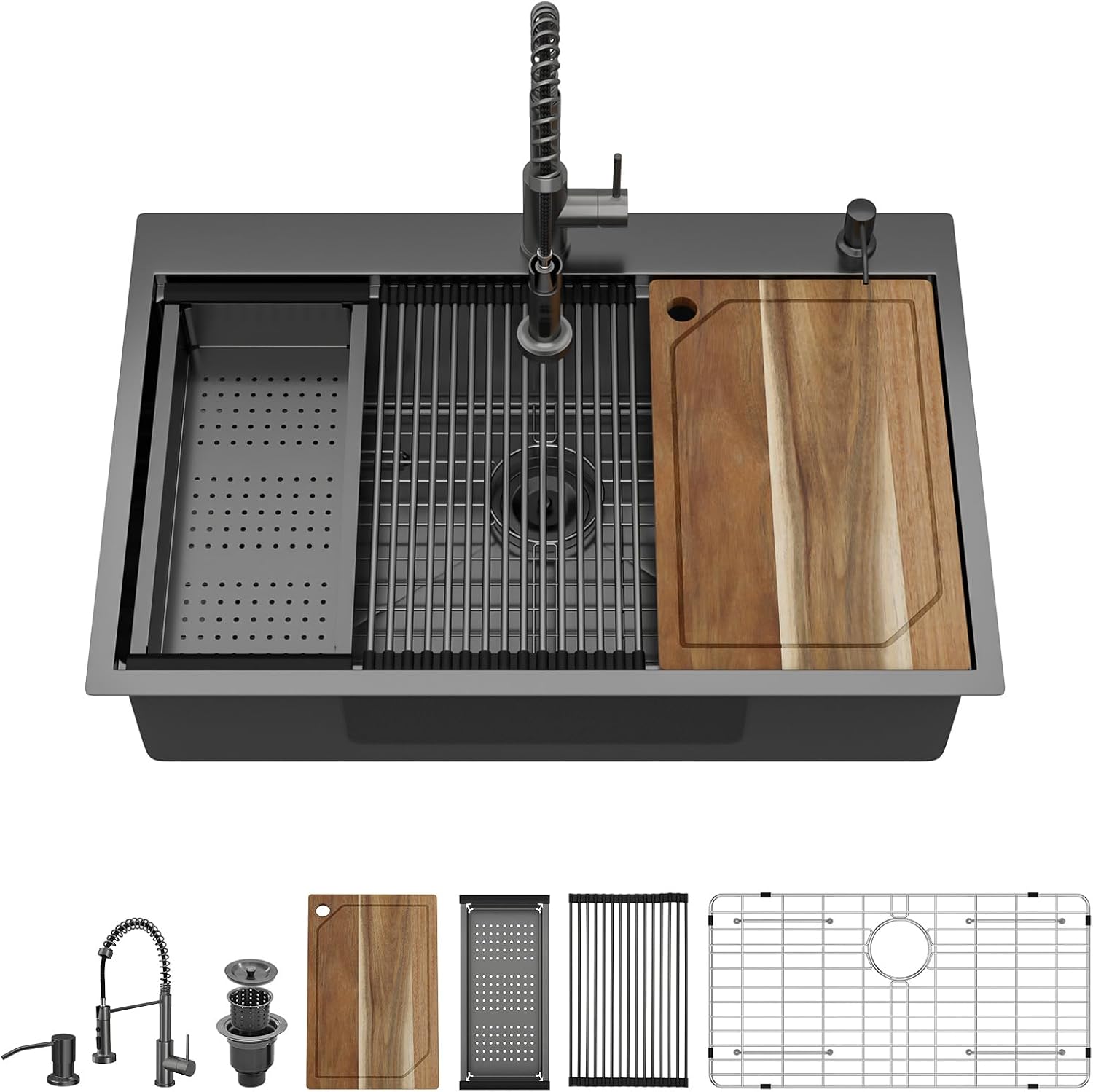 Drop In Kitchen Sink - 33x22 Drop In Gunmetal Black Kitchen Sink with Faucet Combo Workstation NANO-PVD 16 Gauge Stainless Steel Topmount Single Bowl Sinks Round Corners #TL-FDOE00097