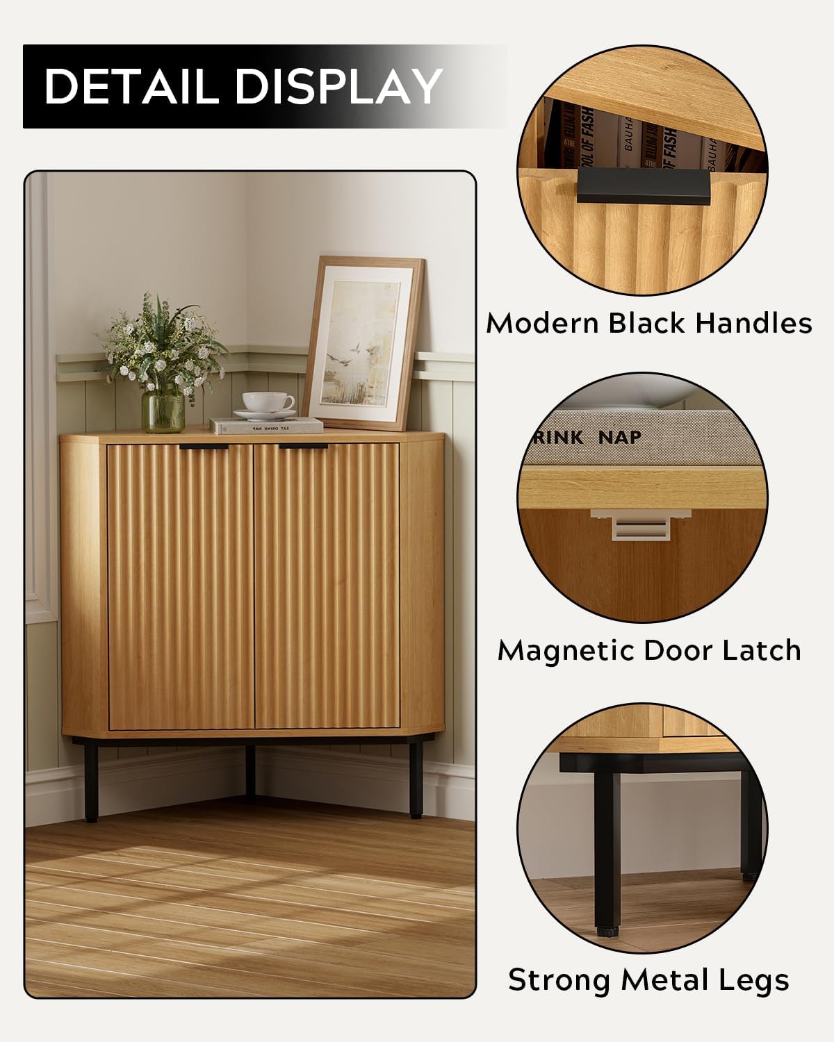 Modern Corner Cabinet, Fluted Small Floor Storage Cabinet with Adjustable Shelf, Freestanding Narrow Organizer for Living Room Kitchen, Natural Oak